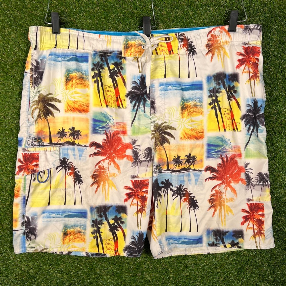 Newport Blue Mens XL Swim Trunks Tropical Palm Tree Postcard Board Shorts 2646